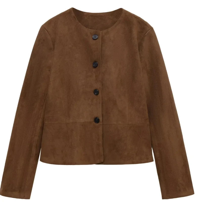 Women Suede Short Jacket | Long Sleeve | Autumn Jacket Brown