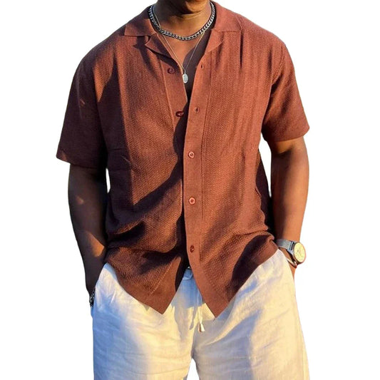 Men Summer Knitted Button Down Shirt | Short Sleeved | Casual Cardigan Top Rust