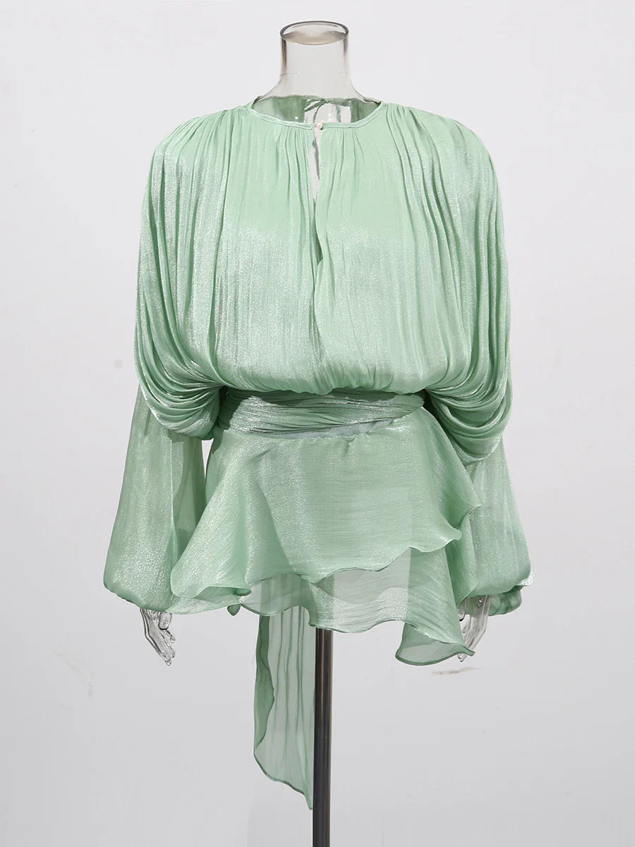 Women Flowy Mini Dress | V Neck | Long Sleeve | Spliced | Lace Up | Blouse Dress Green