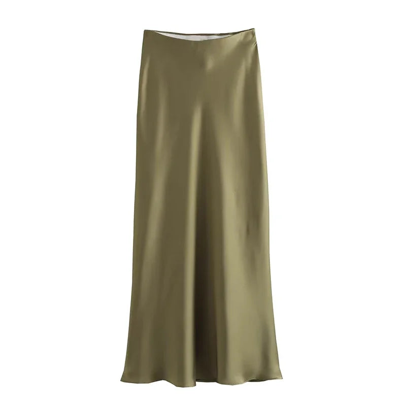 Women Long High Waist Satin Skirt | Office Midi Skirt Tea green