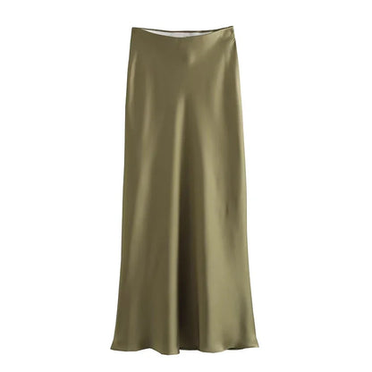 Women Long High Waist Satin Skirt | Office Midi Skirt Tea green