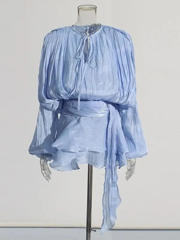 Women Flowy Mini Dress | V Neck | Long Sleeve | Spliced | Lace Up | Blouse Dress Light Blue
