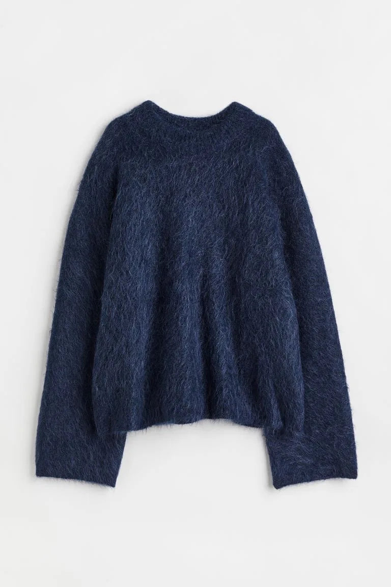 Women Casual Fuzzy Sweater | Pullover | Loose Knitted Sweater | Vintage Streetwear | Long Sleeve | Warm Blue