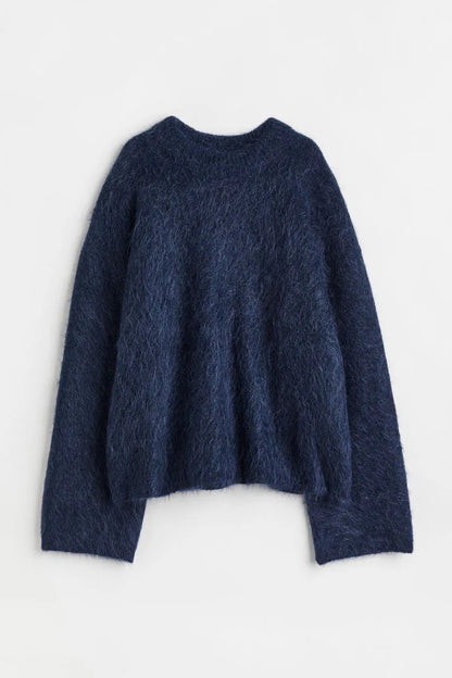 Women Casual Fuzzy Sweater | Pullover | Loose Knitted Sweater | Vintage Streetwear | Long Sleeve | Warm Blue