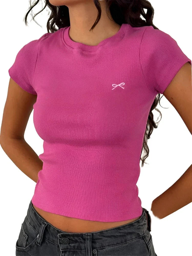 Women Summer Crop Top | Short Sleeve Bow Embroidery Ribbed T-Shirt Pink