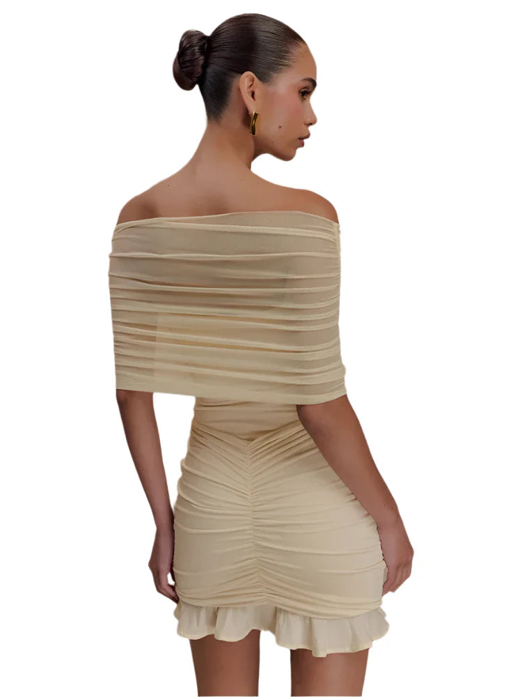 Women Ruffled Mesh Off-Shoulder Mini Dress | Backless Short Party Dress
