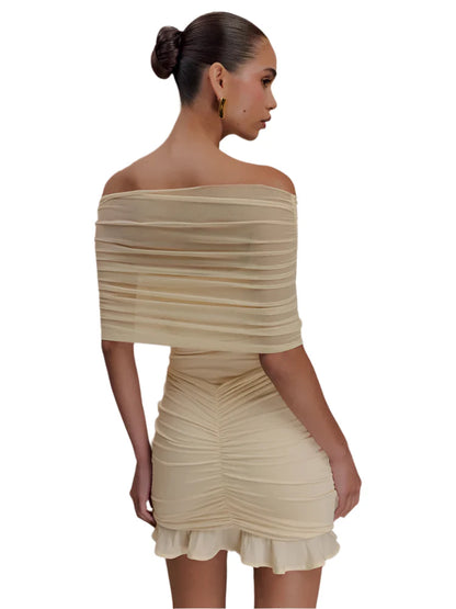 Women Ruffled Mesh Off-Shoulder Mini Dress | Backless Short Party Dress