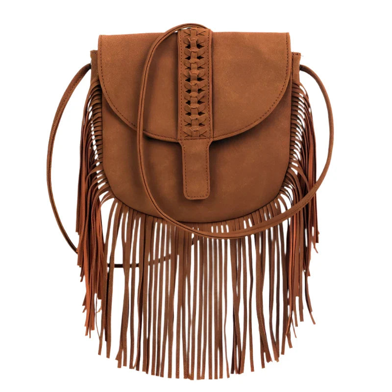 Women Suede Leather Boho Bag | Vintage Fringe Tassel Bohemian Bag Brown