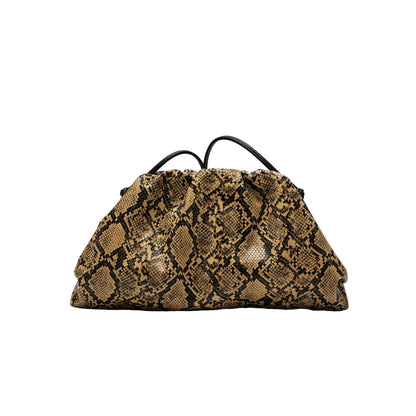 Women Leather Ruched Serpentine Dumpling Bag | Pouch Handbag | Cloud Clutch | Snake Pattern Shoulder Bag | Crossbody Bag yellow L