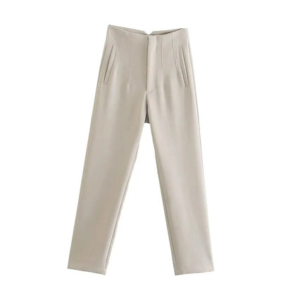 Women High Waisted Cropped Pants | Casual Office Pants Beige