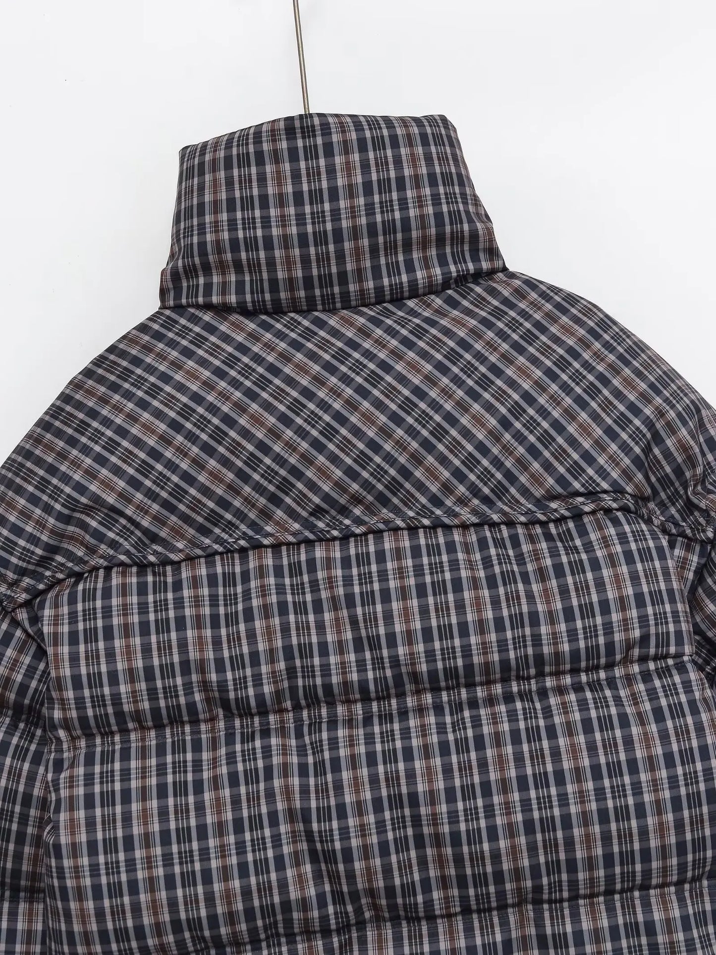 Women Plaid Puffer Jacket | Stand-Collar | Padded | Warm | Check | Parkas Jacket