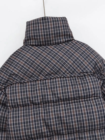 Women Plaid Puffer Jacket | Stand-Collar | Padded | Warm | Check | Parkas Jacket