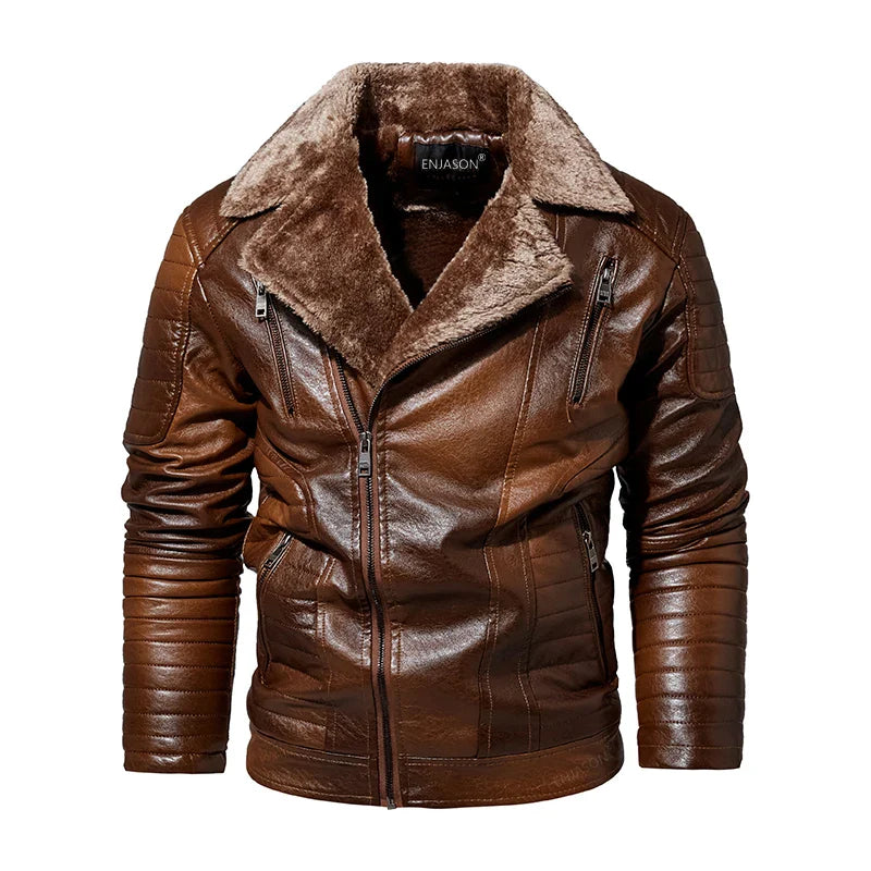 Leather Windbreaker Jacket Men | Fleece Motorcycle Stand Collar Casual Jacket Coffee