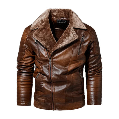 Leather Windbreaker Jacket Men | Fleece Motorcycle Stand Collar Casual Jacket Coffee