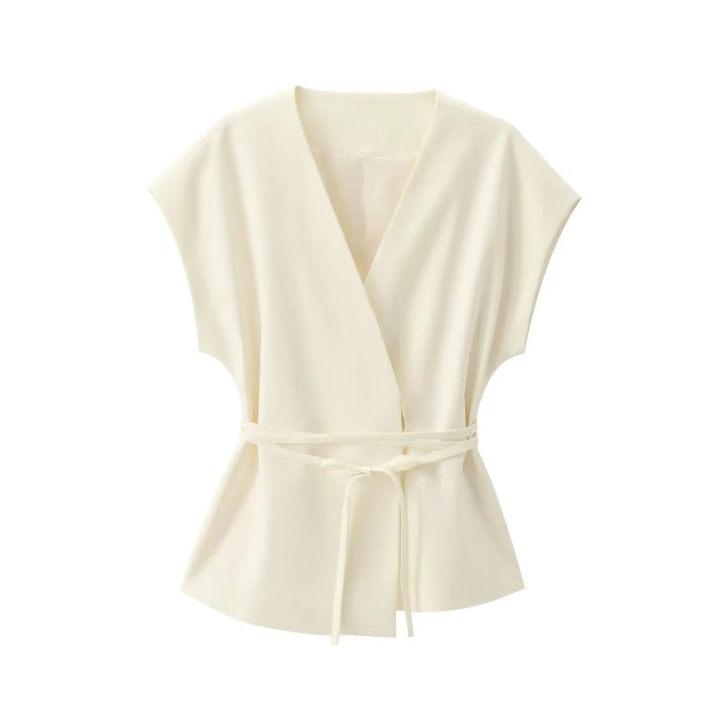 Women Sleeveless V-Neck Top With Belt Straight Pants Set | Top Trouser Suit | 2 Piece Set Off White Top