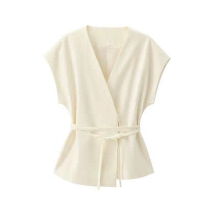 Women Sleeveless V-Neck Top With Belt Straight Pants Set | Top Trouser Suit | 2 Piece Set Off White Top