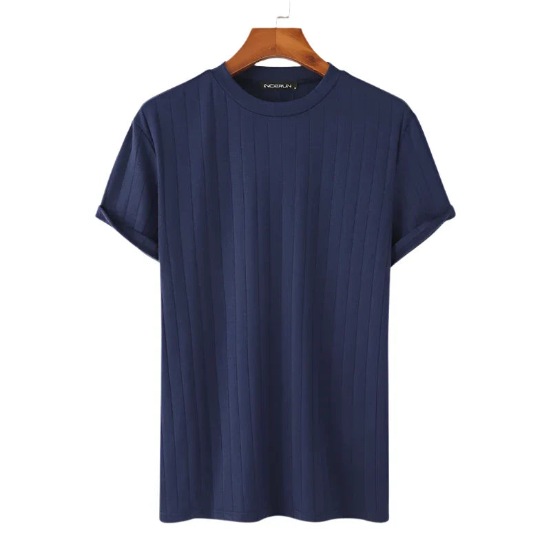 Men Solid Ribbed Top | Round Neck Knitted Shirt | Well Fitting Short Sleeve Dark Blue