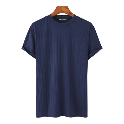 Men Solid Ribbed Top | Round Neck Knitted Shirt | Well Fitting Short Sleeve Dark Blue
