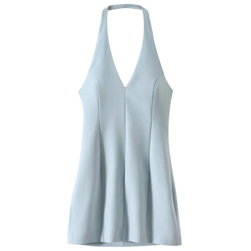 Women Mini Halter Dress | Summer Dress | Backless Slim-Fit V-Neck Short Dress Light Blue