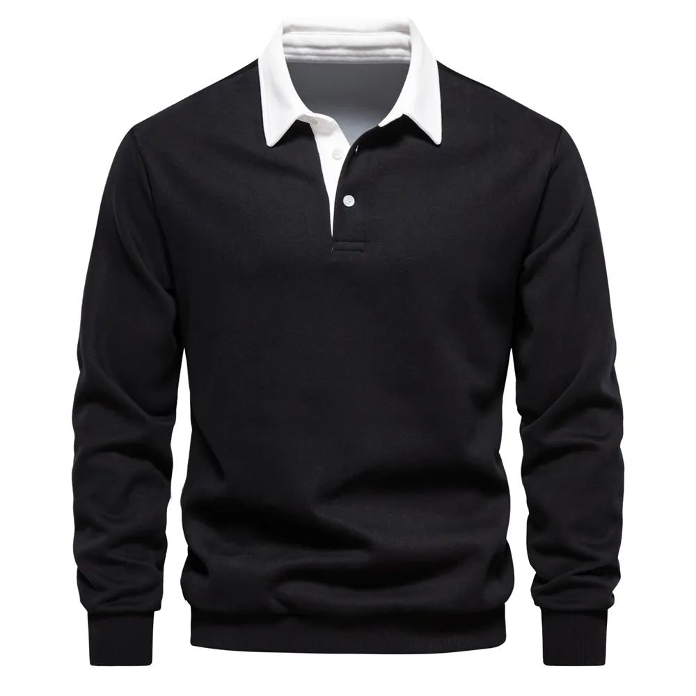 Cotton Polo Neck Sweatshirt for Men | Casual Collared Sweatshirt Black