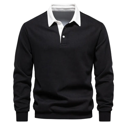 Cotton Polo Neck Sweatshirt for Men | Casual Collared Sweatshirt Black