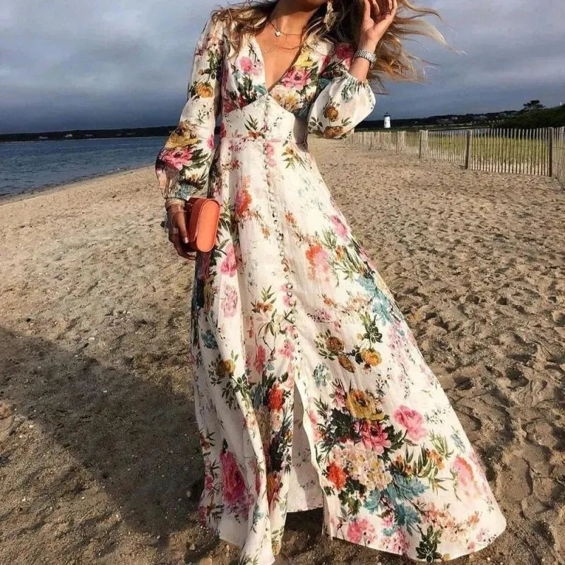 Sofia | Women's Floral Maxi Dress Long Sleeve Boho Beach Dress
