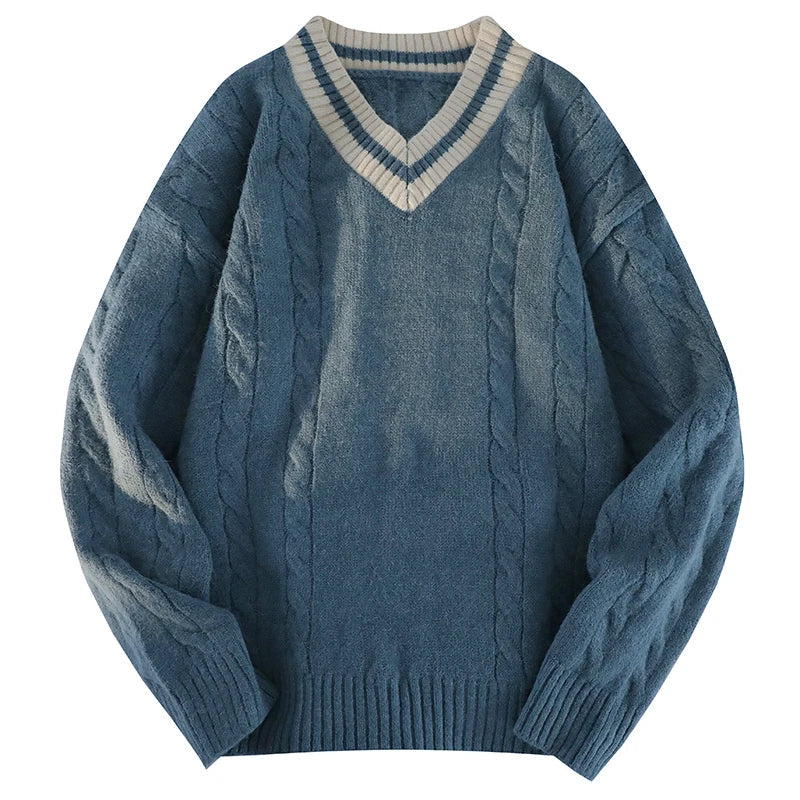 Men Knitted Ribbed Sweater | V-Neck Splicing Knit Pullover Blue
