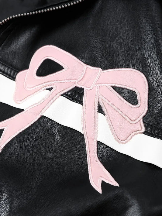 Bow Motorcycle Leather Jacket | Polo-neck | Street Vintage Oversized