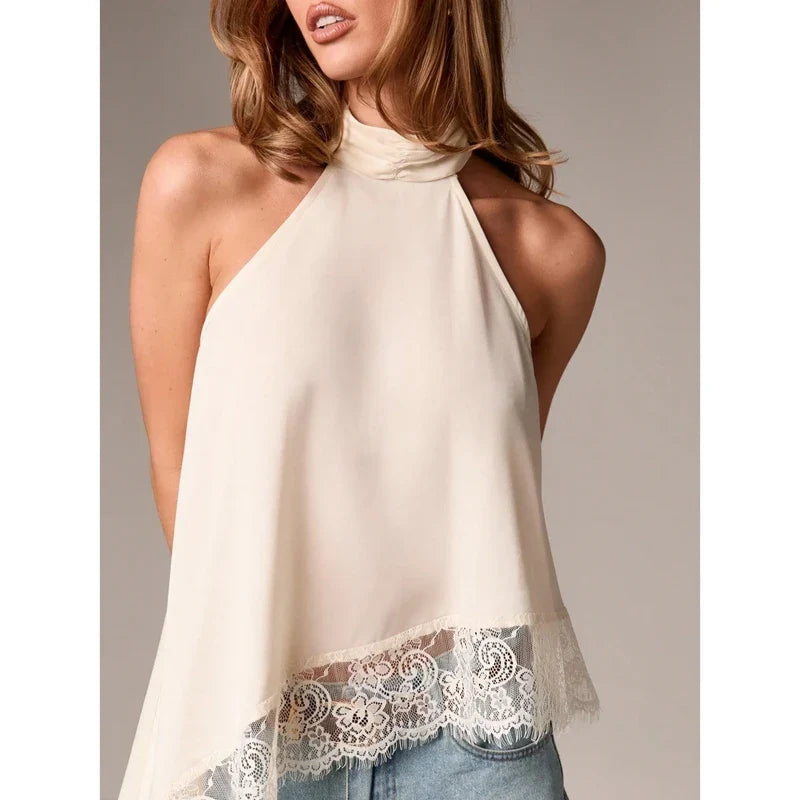 Women Asymmetrical Lace Satin Top | Silk Vest | Draped Choker | Halter Neck | Cami White