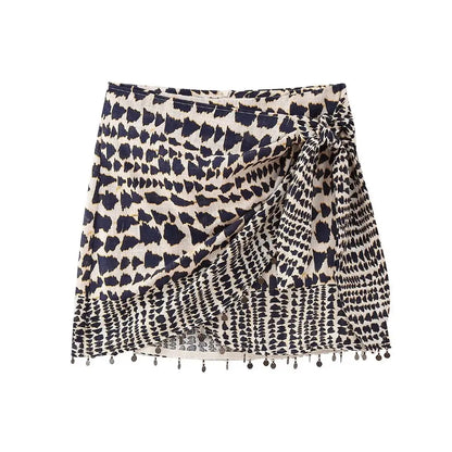 Women Vintage Geometric Print Knotted Mini Sarong Skirt | Beading Tassel Black and White L