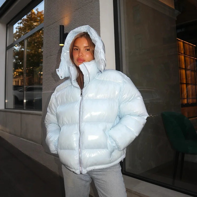 Women Glossy Zipper Hooded Jacket | Windbreaker | Pleated | Short Jacket | Cotton