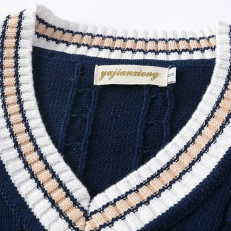 Men V-Neck Sleeveless Knitted Striped Sweater Vest | Retro Style Knit