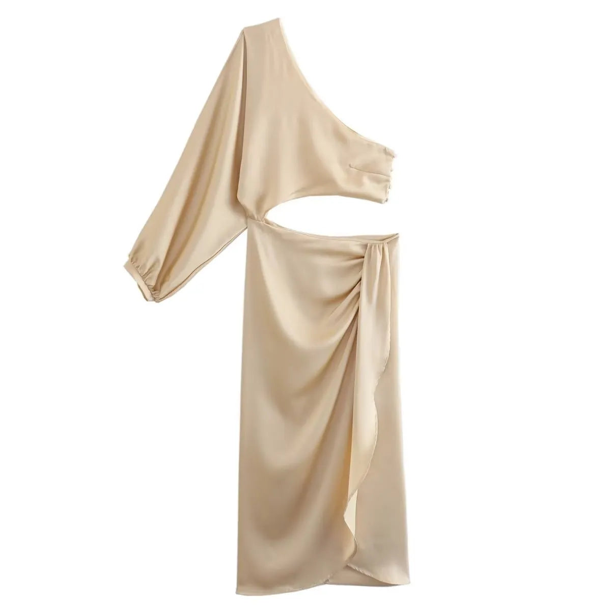 Women Asymmetric Satin Cut Out Long Dress | Ruched Off Shoulder Dress | Evening Party Dress Champagne