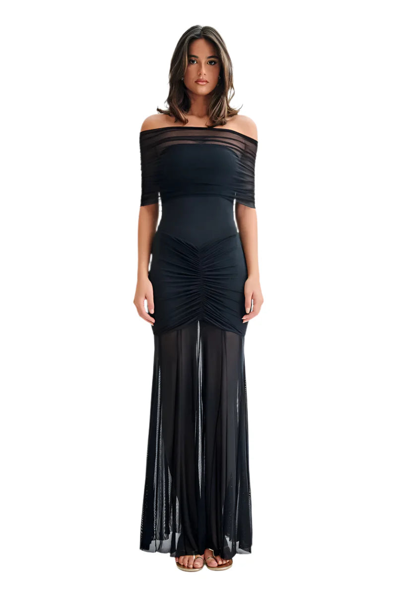 Women Ruffled Mesh Off-Shoulder Maxi Dress | Backless Long Party Dress Black