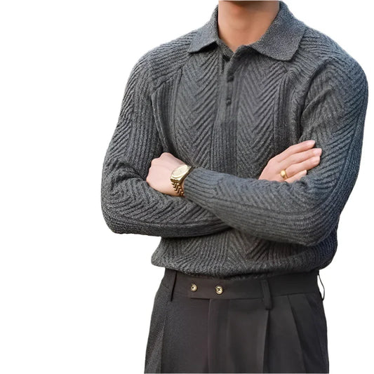 Men Textured Knitted Polo Long Sleeved Sweater | Zipper Jumper Winter Top