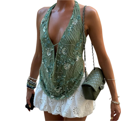 Women Glitter Sequin Tank Top | V-Neck Crop Top | Backless Beach Top green