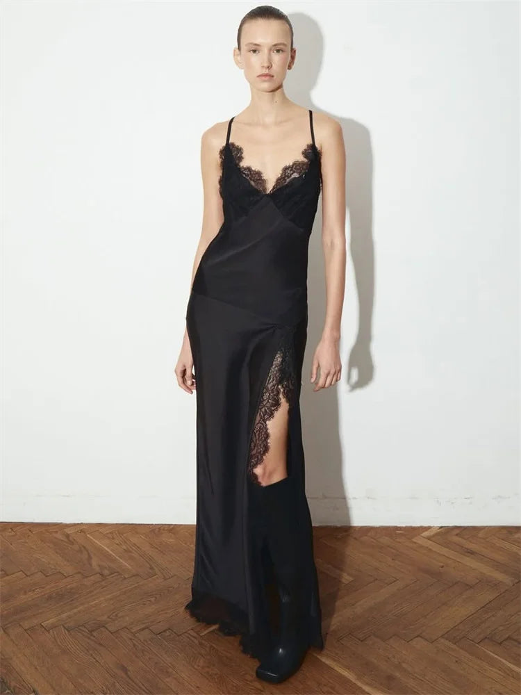Women Lace Printed Long Dress | V-Neck | Backless | Party Dress | Bodycon Dress black