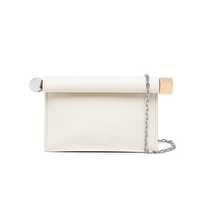 Women Leather Rolled-Up Clutch Bag | Versatile | Folding Clutch | Chain Single-Shoulder Bag | Crossbody Bag White