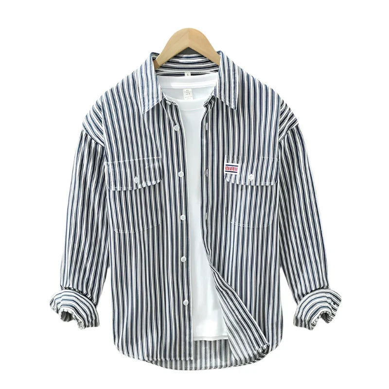 Men Cotton Striped Long Sleeve Shirt | Loose Casual Button Down Dark Blue
