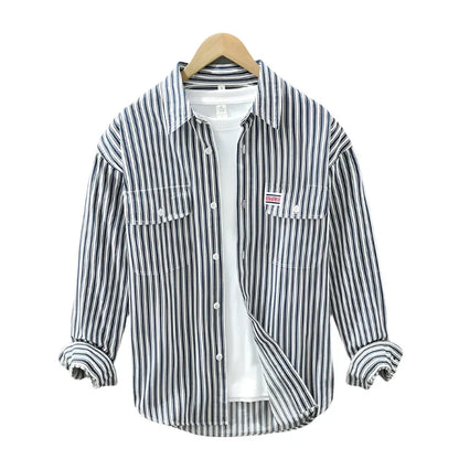 Men Cotton Striped Long Sleeve Shirt | Loose Casual Button Down Dark Blue