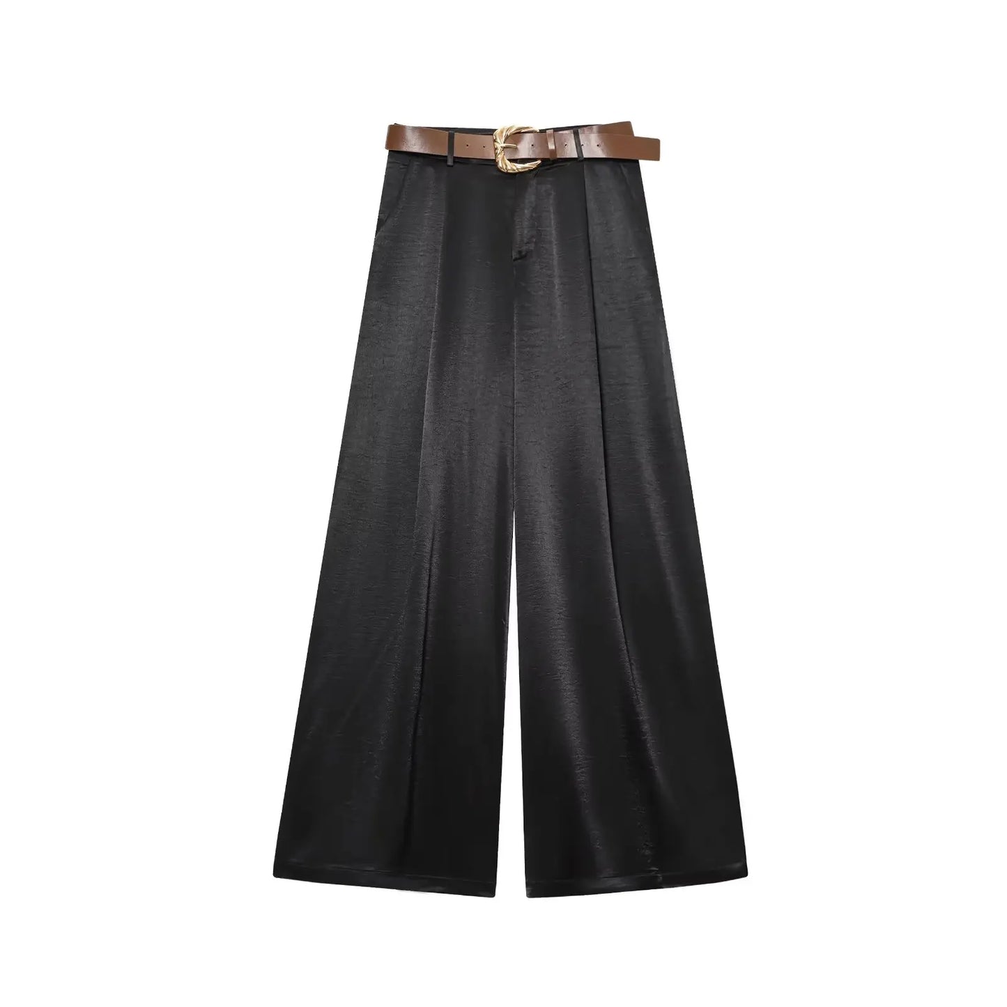 Women Satin with Belt High Waisted Trousers | Wide Leg Pants | Casual Pants black