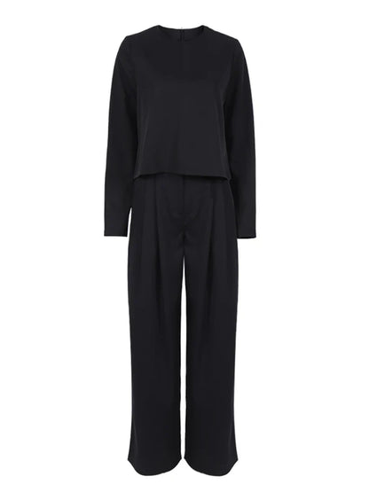 Women Classic 2 Piece Set | Vintage Plain Loose Shirt | Palazzo Floor-Length Pants Black Set