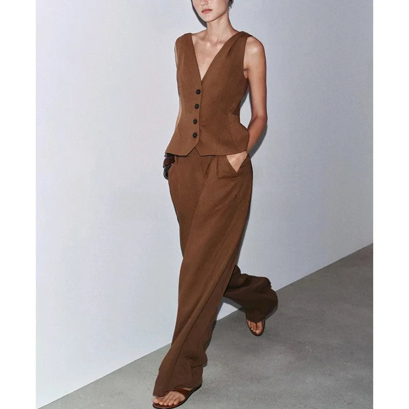 Women Brown Casual Pleated Pants | V Neck Vest Top | Set