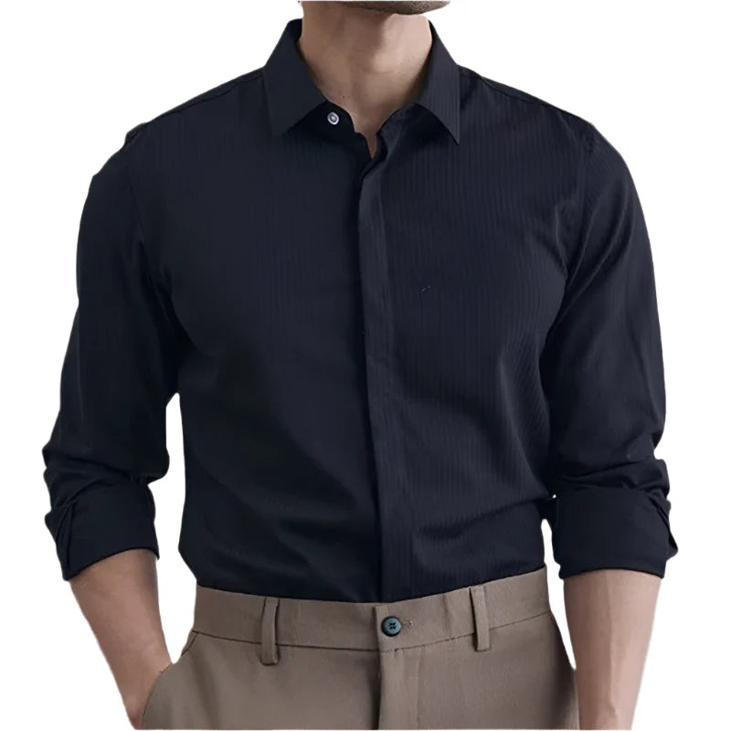 Men British Style Dress Shirt | Striped Long Sleeve Shirt | Business Shirt Black