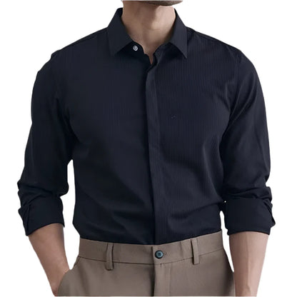 Men British Style Dress Shirt | Striped Long Sleeve Shirt | Business Shirt Black