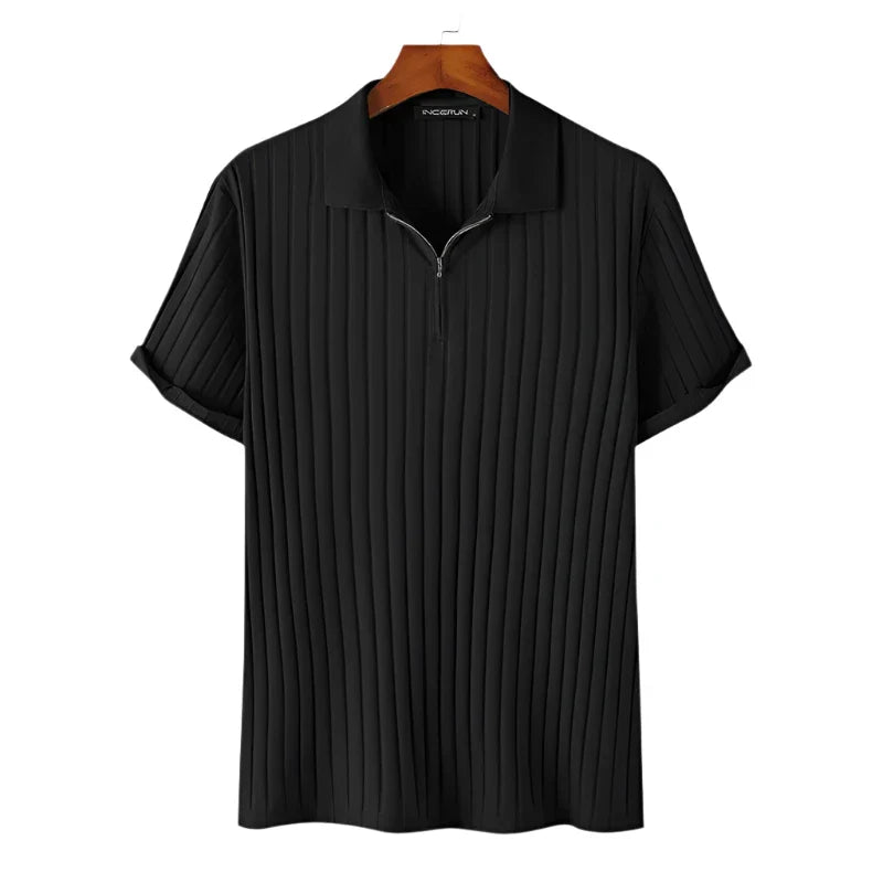 Men Casual Zipper Knitted Shirt | Summer Breathable Lapel Short Sleeve Black