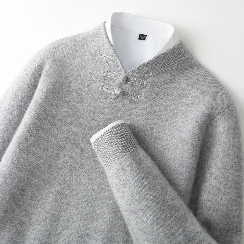 Men Pure Merino Wool Sweater | Long Sleeves | Stand-Up Collar | Pullover | Warm | Mock Neck Sweater Gray