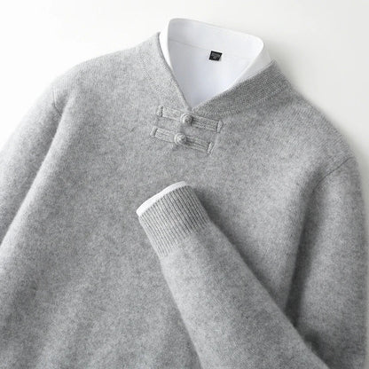 Men Pure Merino Wool Sweater | Long Sleeves | Stand-Up Collar | Pullover | Warm | Mock Neck Sweater Gray