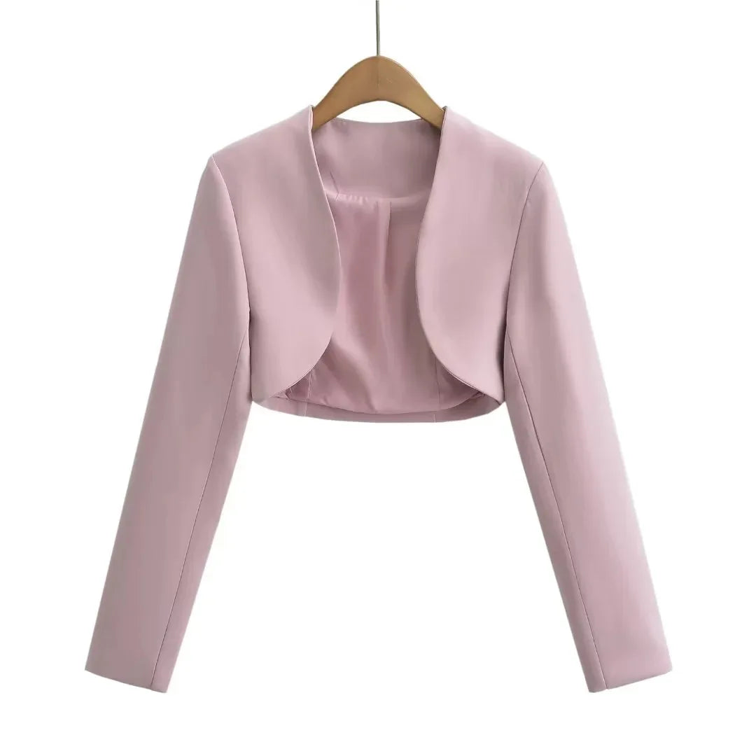 Women V-Neck Open Stitching Cropped Full Sleeve Blazer | Short Outerwear Suit Pink