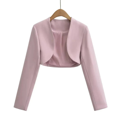 Women V-Neck Open Stitching Cropped Full Sleeve Blazer | Short Outerwear Suit Pink
